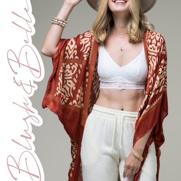 🚨 1 LEFT! VENITIA Rust Damask Boho Pom Pom Kimono - Picture 2 of 7